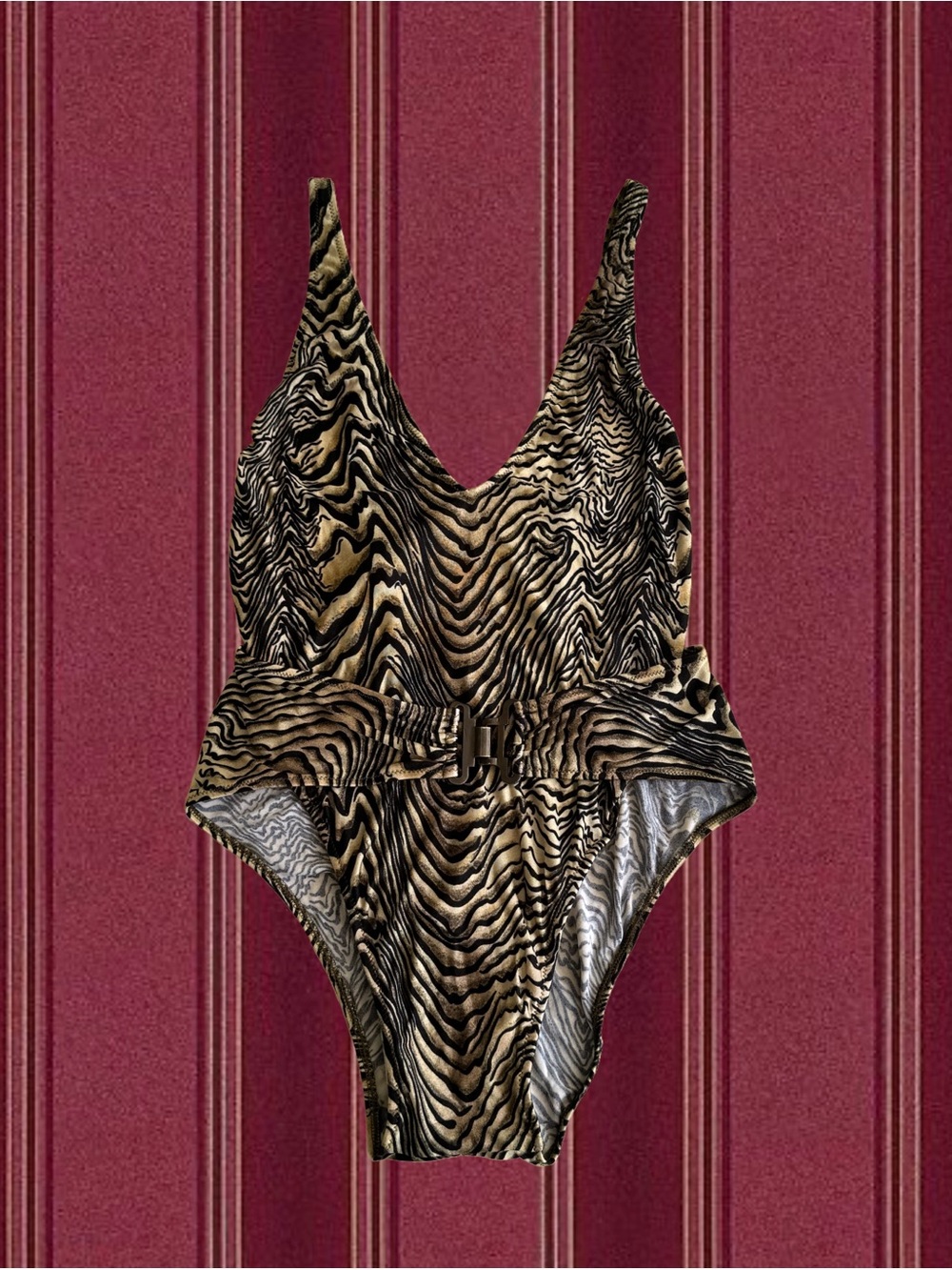 Women’s Tiger-Pattern One-Piece Swimsuit in Tan and Black